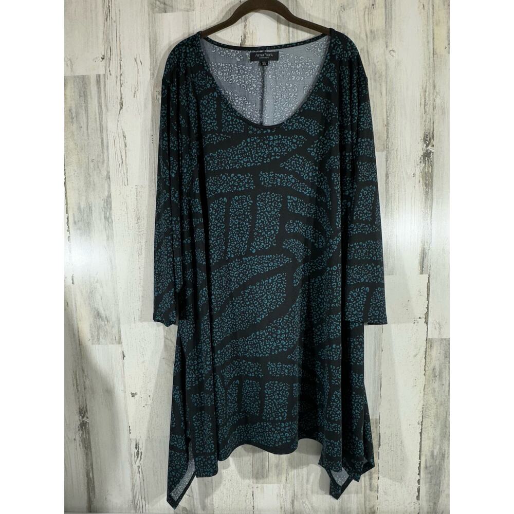 Arna York Tunic Blouse Size 30 32 Black Teal Leopard Slinky Handkerchief Hem - Picture 2 of 9